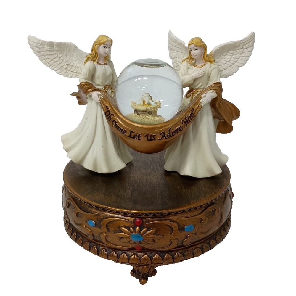 VTG Two Angels With Baby Jesus Musical Christmas Snow Globe Let Us Adore Him